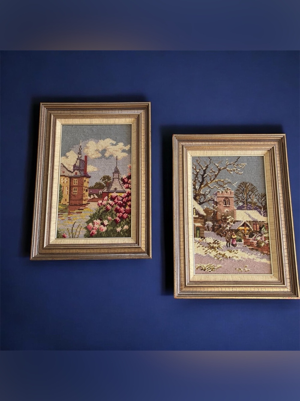 Vtg Handcrafted Needlepoint Tapestry Scenic Snow Village Renaissance Gold Frame